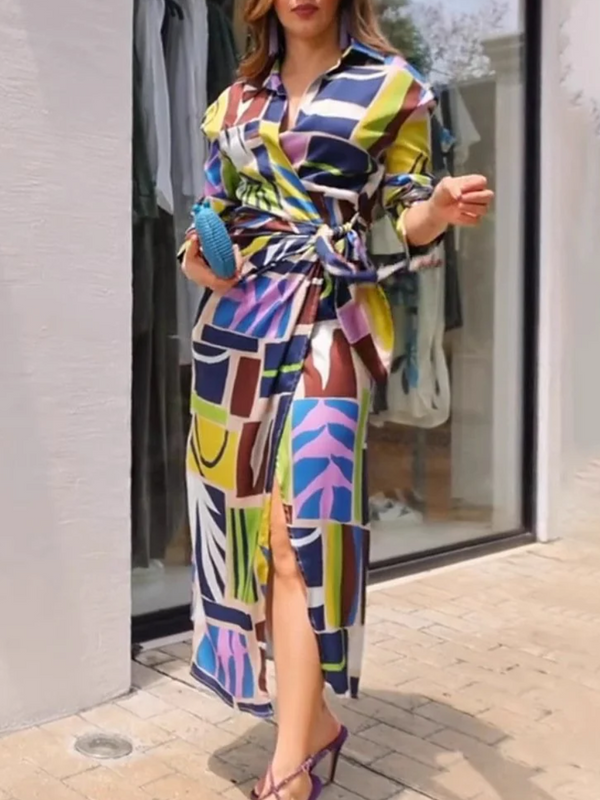 V-neck belted long sleeve slim fit long dress