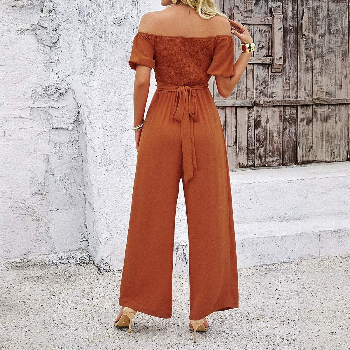Women's casual solid color short sleeved wide leg jumpsuit